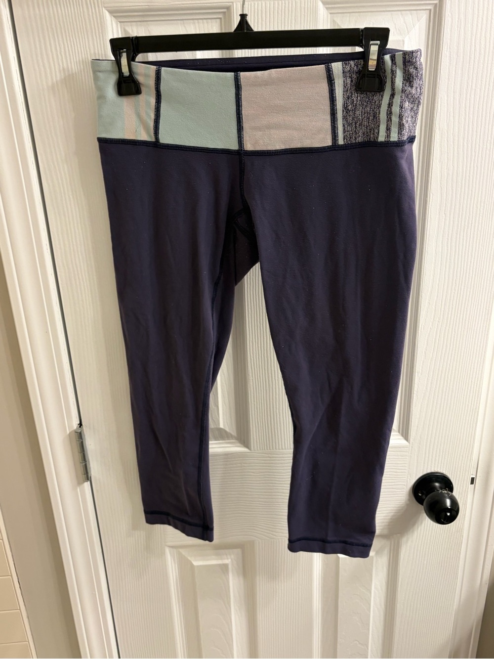 Purple Capri Leggings with Pastel Block Waistband